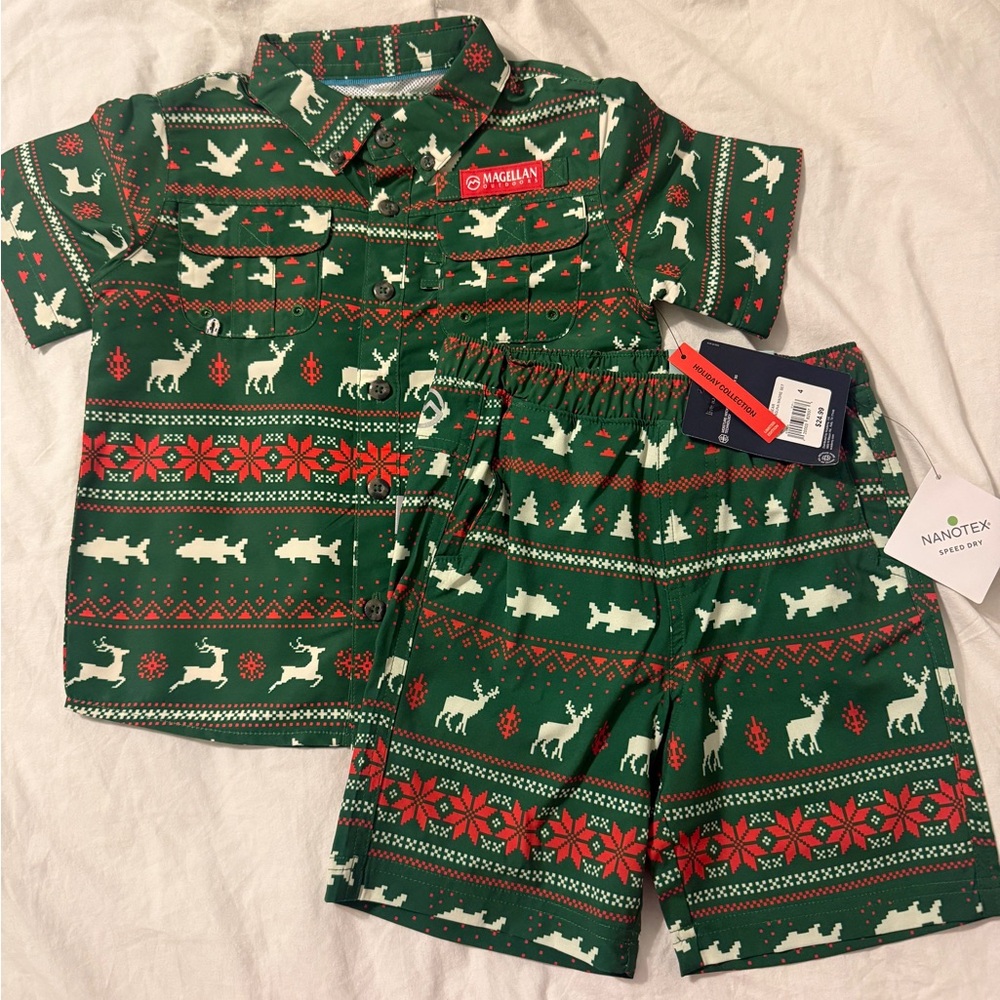 NWT Magellan Size 4 Boys Christmas 2 Piece Set Shorts Deer Duck Fish Button Up